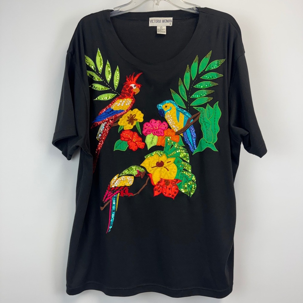 Victoria Woman Vintage Tropical Parrot Sequin‎ Beaded T-Shirt Black Plus Size 2X